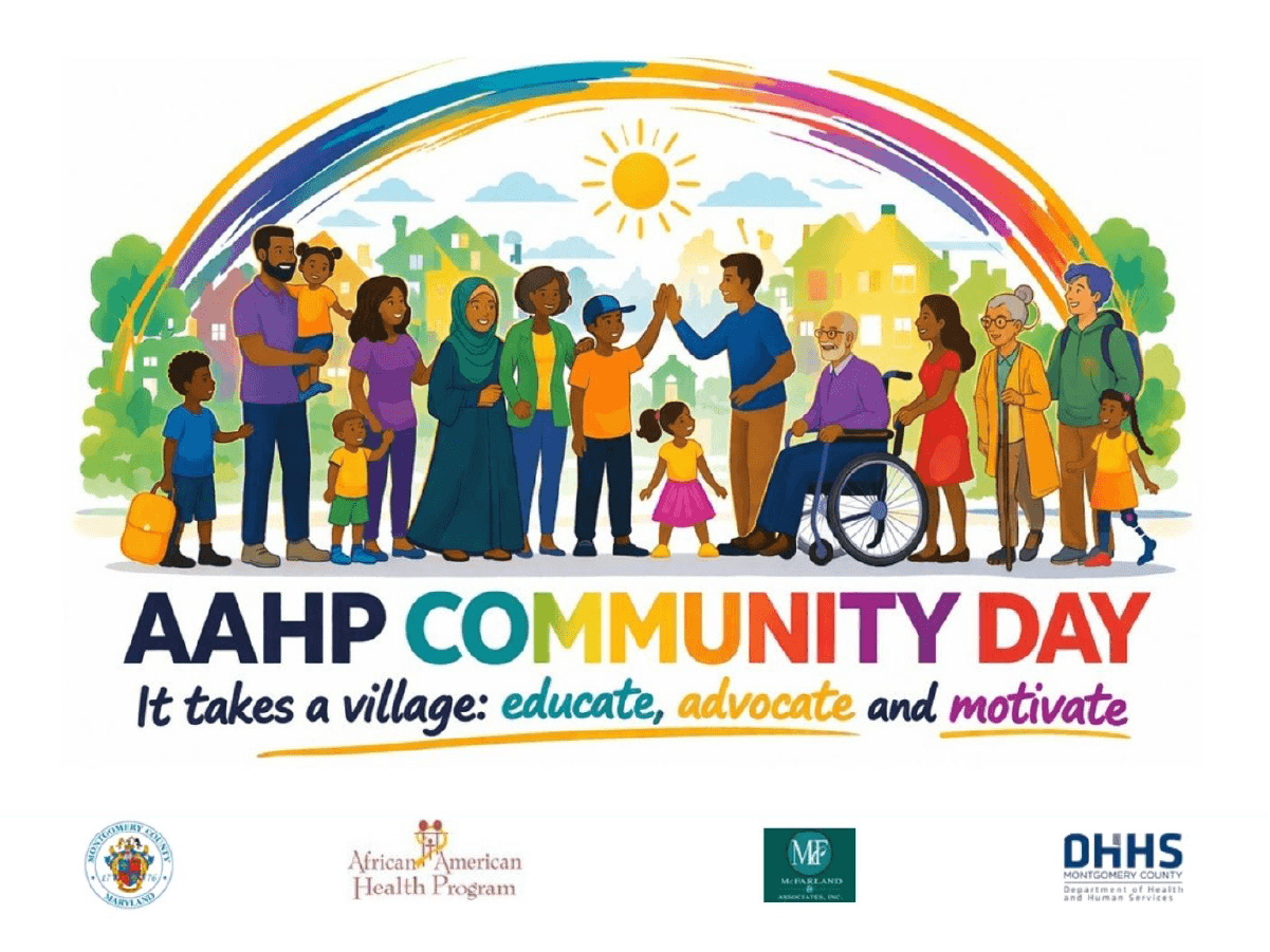 Diverse cartoon collage of people gathering for AAHP Community Day.