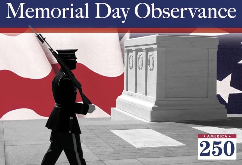 Silhouette of a soldier in uniform walking with the American flag in the background. Text: Memorial Day Observance. America 250. Credit: City of Gaithersburg.