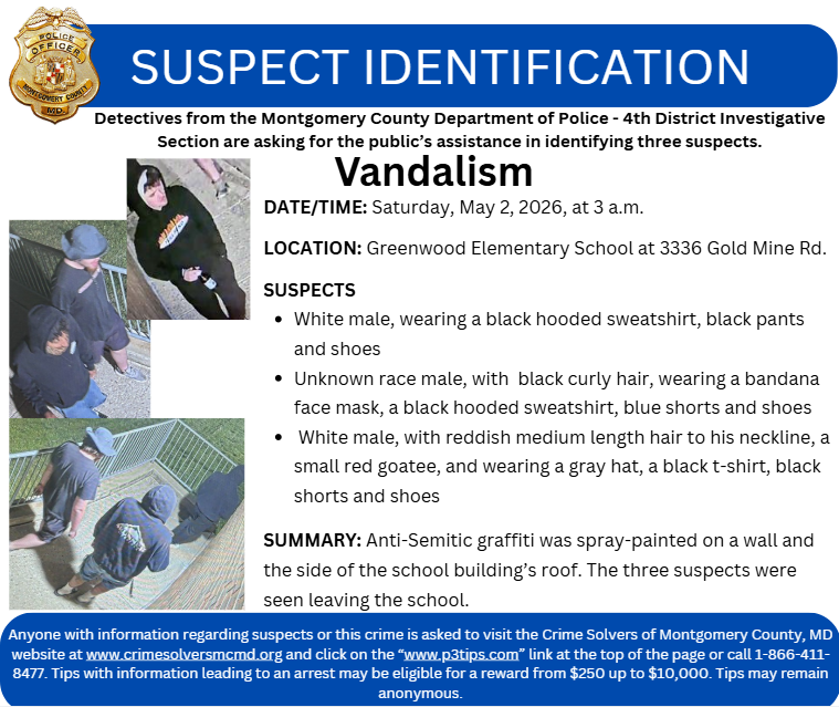 DATE/TIME: Saturday, May 2, 2026, at 3 a.m.  LOCATION: Greenwood Elementary School at 3336 Gold Mine Rd.  Suspects White male, wearing a black hooded sweatshirt, black pants and shoes Unknown race male, with  black curly hair, wearing a bandana face mask, a black hooded sweatshirt, blue shorts and shoes  White male, with reddish medium length hair to his neckline, a small red goatee, and wearing a gray hat, a black t-shirt, black shorts and shoes  SUMMARY: Anti-Semitic graffiti was spray-painted on a wall 
