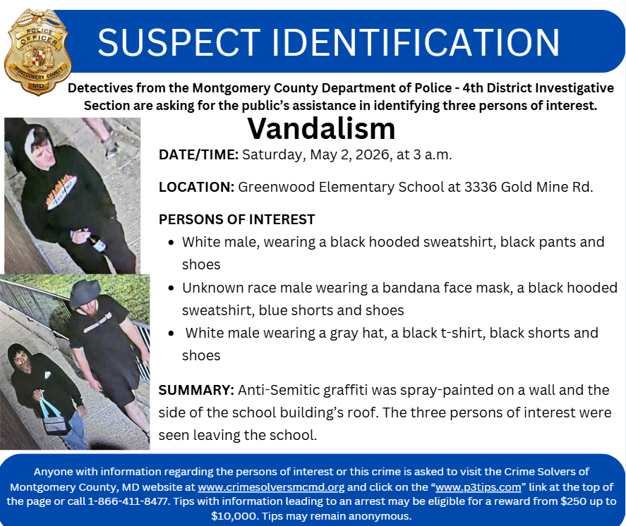 Suspect Identification Graphic: DATE/TIME: Saturday, May 2, 2026, at 3 a.m.  LOCATION: Greenwood Elementary School at 3336 Gold Mine Rd.  Persons of Interest White male, wearing a black hooded sweatshirt, black pants and shoes Unknown race male wearing a bandana face mask, a black hooded sweatshirt, blue shorts and shoes  White male wearing a gray hat, a black t-shirt, black shorts and shoes  SUMMARY: Anti-Semitic graffiti was spray-painted on a wall and the side of the school building’s roof. 