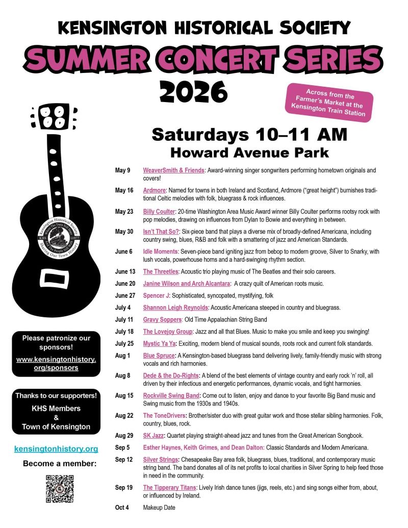 Kensington Historical Society Summer Concert Series 2026, Saturdays 10-11 a.m., Howard Avenue Park. kensingtonhistory.org