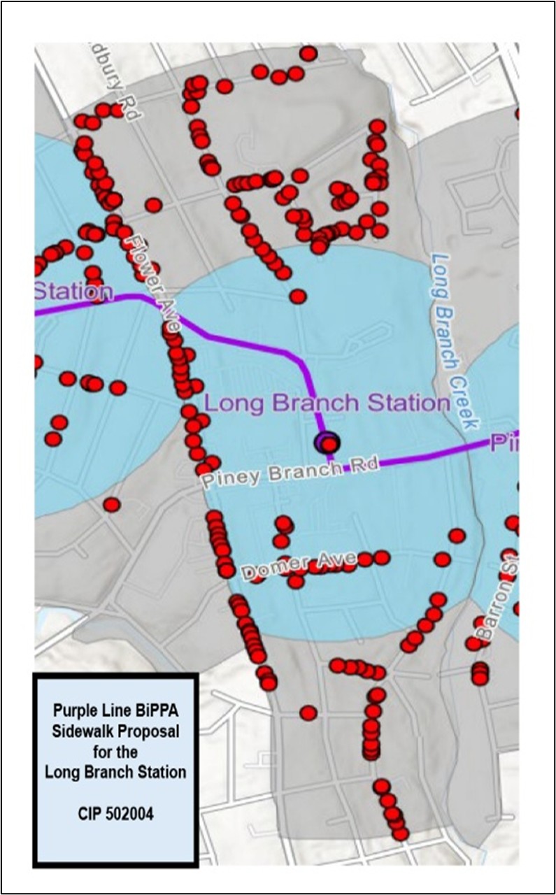 Project map Long Branch Station sidewalk location in Silver Spring