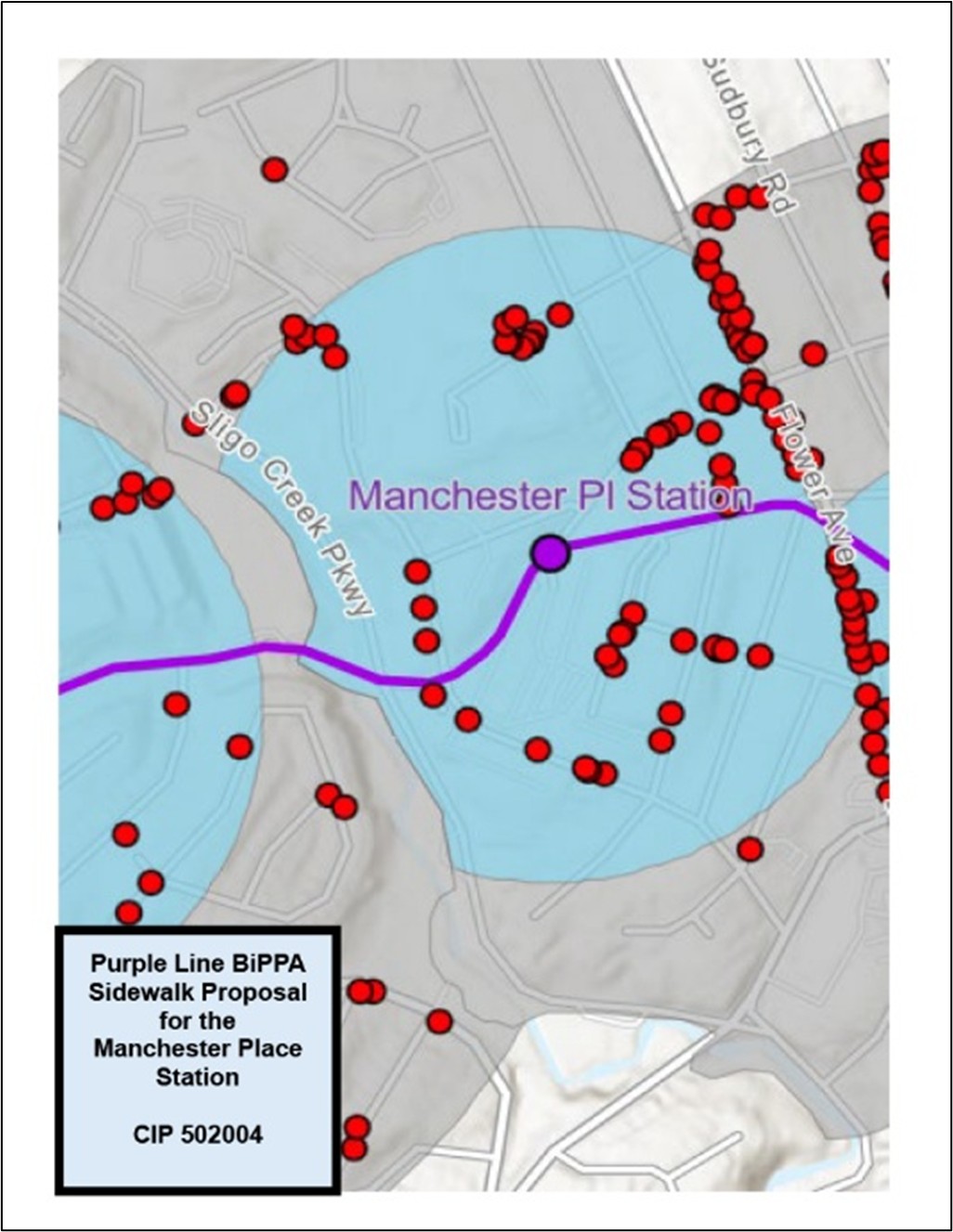 Project map for proposed sidewalk on Manchester Place in Silver Spring