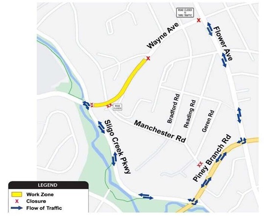 Google map of Purple Line Wayne Ave closures