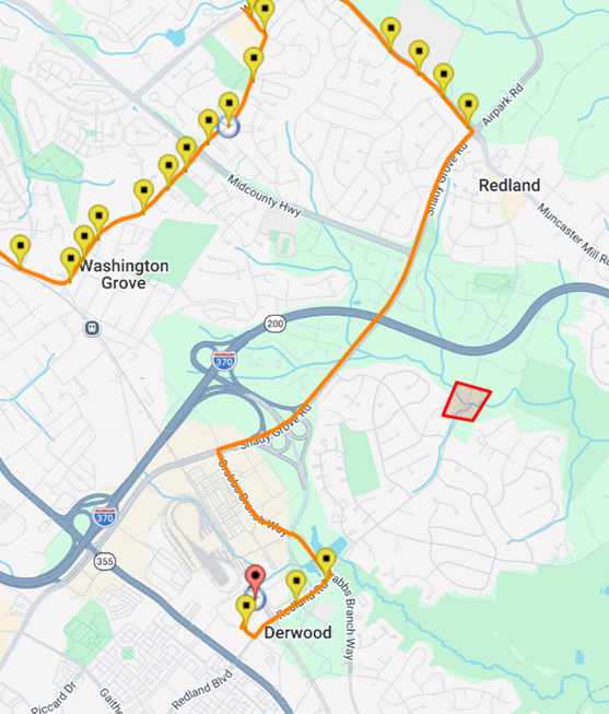 Map of Bus Route&nbsp;57 to Shady Grove West